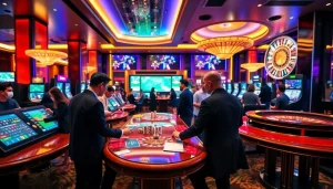 Sbobet betting station buzzing with gamblers placing bets in a luxurious casino.