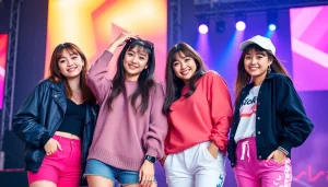 Four blackpink members posing confidently in stylish outfits with a dynamic stage background.