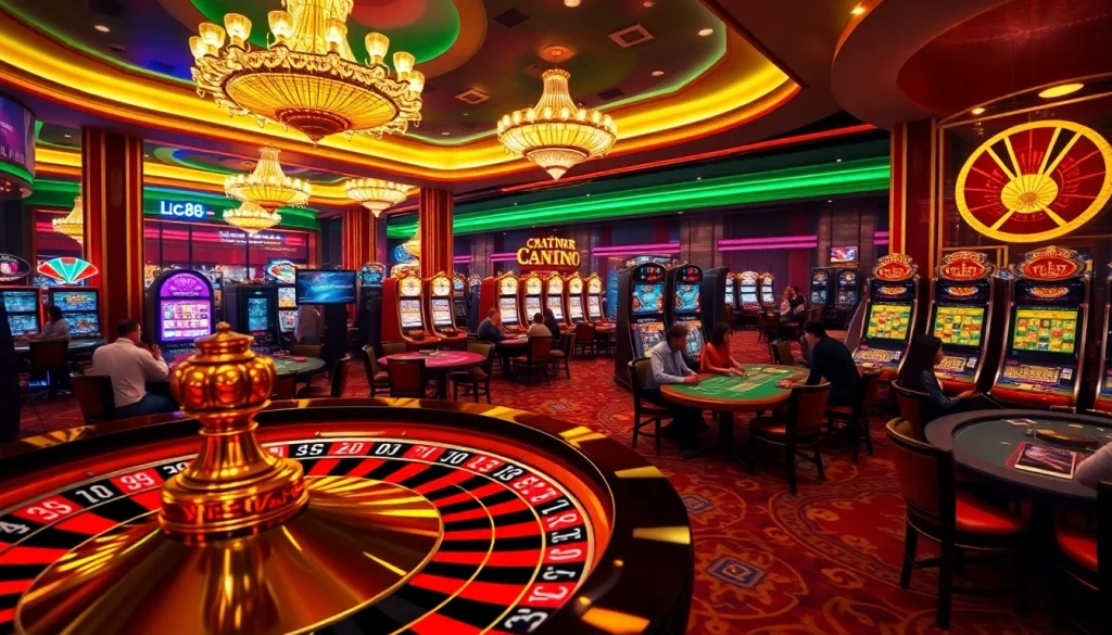 Experience high-stakes gambling excitement at Lc88.marketing with a dynamic casino scene showcasing roulette and poker.