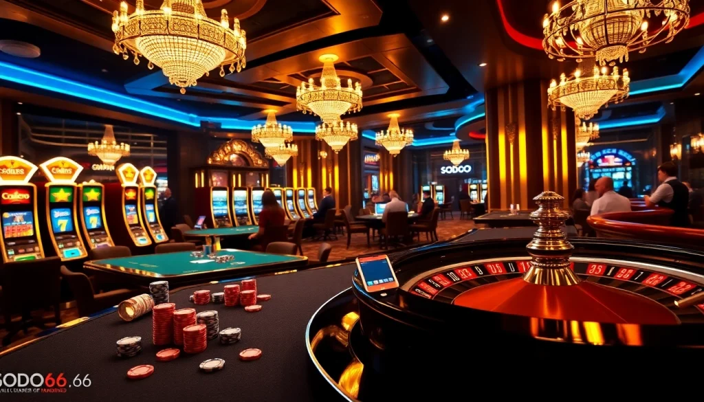 Experience the luxury of gambling at SODO66 with poker tables and vibrant slot machines.