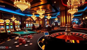 Experience the luxury of gambling at SODO66 with poker tables and vibrant slot machines.