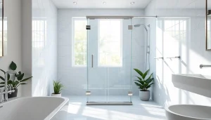 Stylish shower screen door featured in a modern bathroom with natural light and elegant decor.