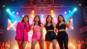 The blackpink members Jisoo, Jennie, Rosé, and Lisa performing on stage with vibrant lights.