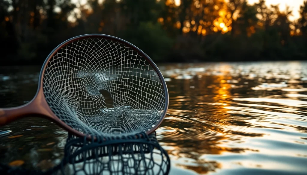 Using a fly fishing net to catch a fish in a tranquil river environment.