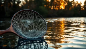 Using a fly fishing net to catch a fish in a tranquil river environment.