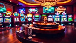 Experience thrilling gaming at 388bet with vibrant casino visuals featuring poker chips and roulette.