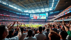 Exciting sports broadcasting scene in a stadium with enthusiastic fans and vibrant displays.