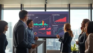 Find competitor pricing data analysis by a diverse business team in a modern office setting.