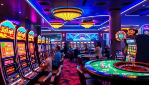 Rasakan sensasi Slot Depo 1K yang menampilkan pemain yang menang di mesin slot kasino yang penuh warna.