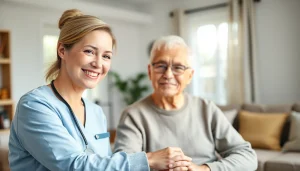 Engaging scene of austin senior home care, showcasing a compassionate caregiver and elder enjoying time together.