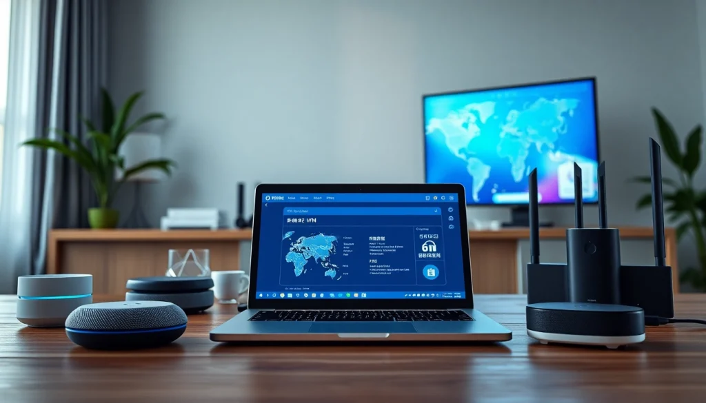 在现代工作区的高科技笔记本上显示的快连官网界面，象征安全稳定的互联网接入。