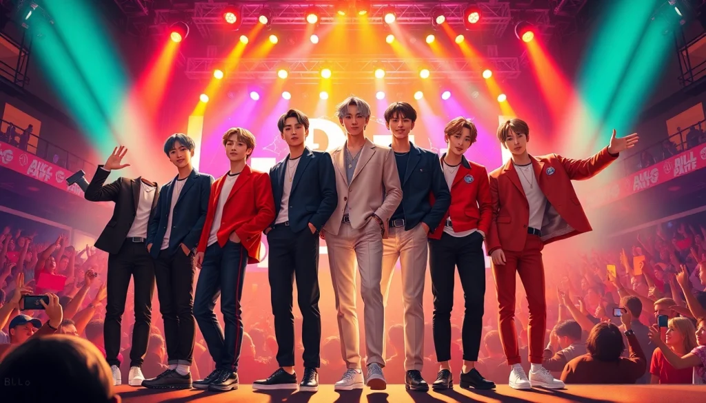 bts members celebrating on stage with energetic poses amidst a lively concert crowd