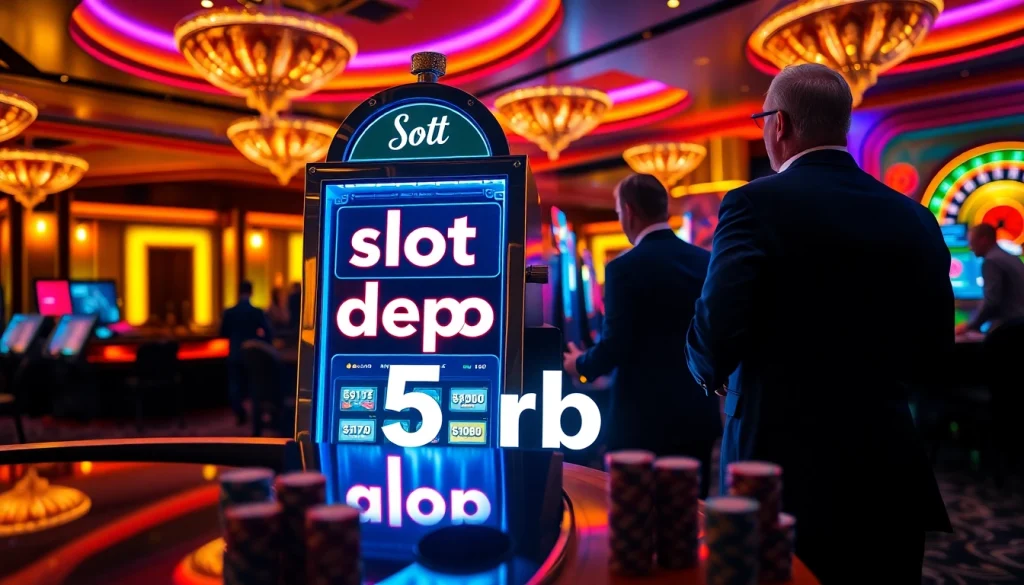Players enjoying the slot depo 5rb experience at a luxurious casino with vibrant lights and excitement.