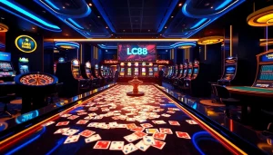Exciting casino scene showcasing online gambling options at Lc88.media, with vibrant card and roulette displays.