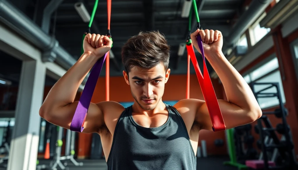 Resistance bands for pull-ups in an inspiring gym setting, showcasing vibrant colors and active engagement.
