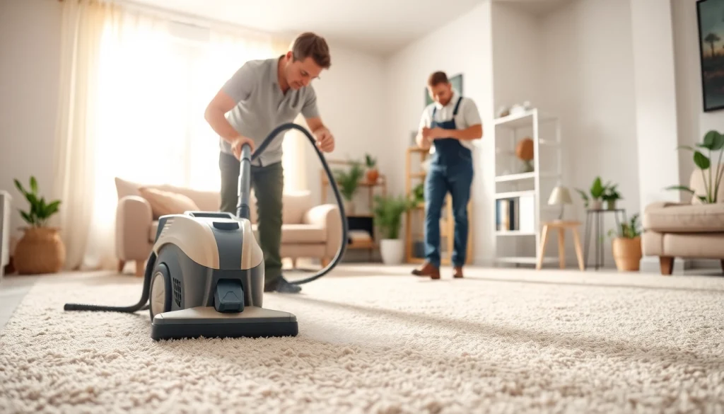 Local carpet cleaners performing steam cleaning in a bright living room.