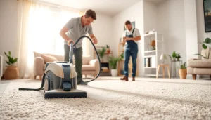 Local carpet cleaners performing steam cleaning in a bright living room.