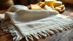 Kaasdoek met zijn fijne structuur op een rustieke houten tafel voor kaaspresentatie.