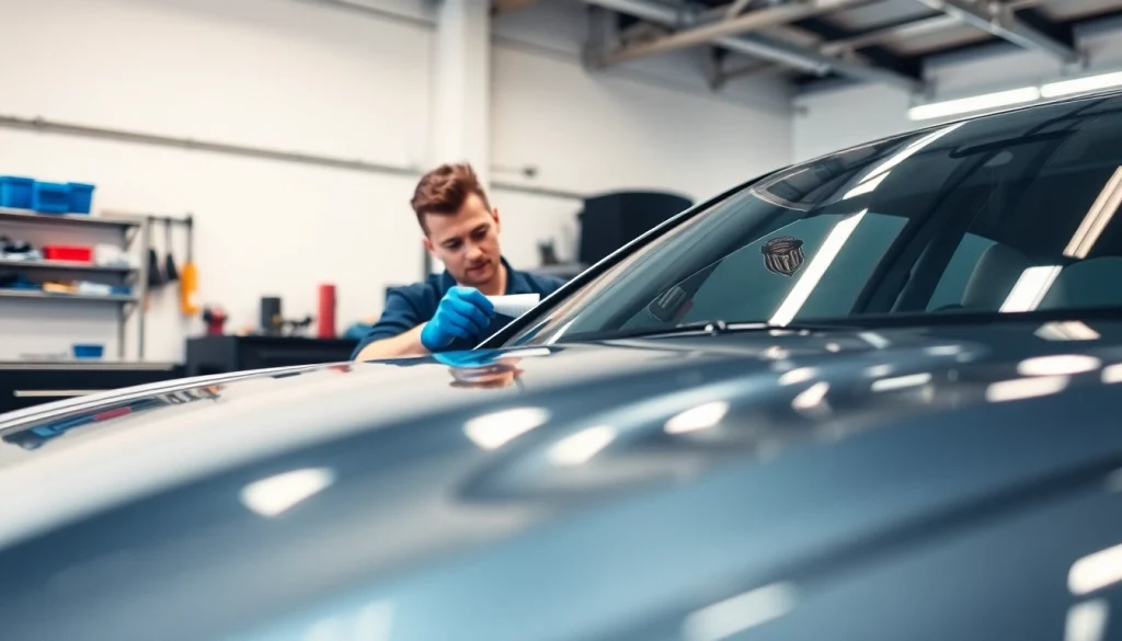 Applying ceramic coating Chattanooga professionally on a sleek car in a bright garage.