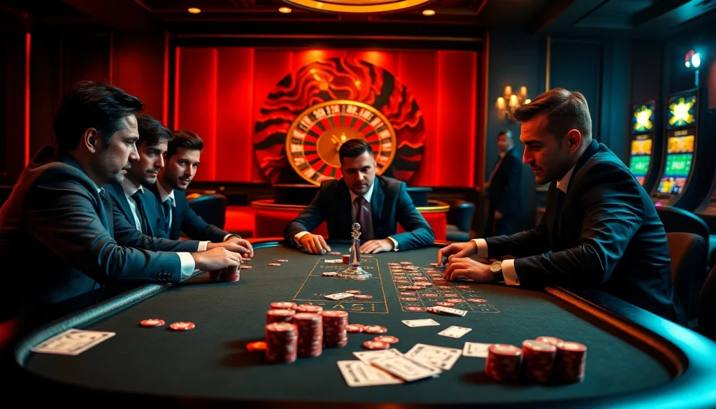 Ressentir l'excitation dans un casino en ligne France avec des joueurs de poker professionnels et une roulette vibrante.