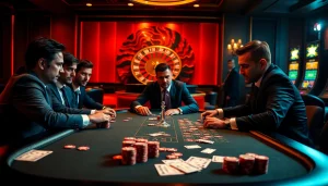 Ressentir l'excitation dans un casino en ligne France avec des joueurs de poker professionnels et une roulette vibrante.