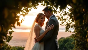 Couple celebrating Carmel wedding photography with a sunset backdrop and lush greenery.