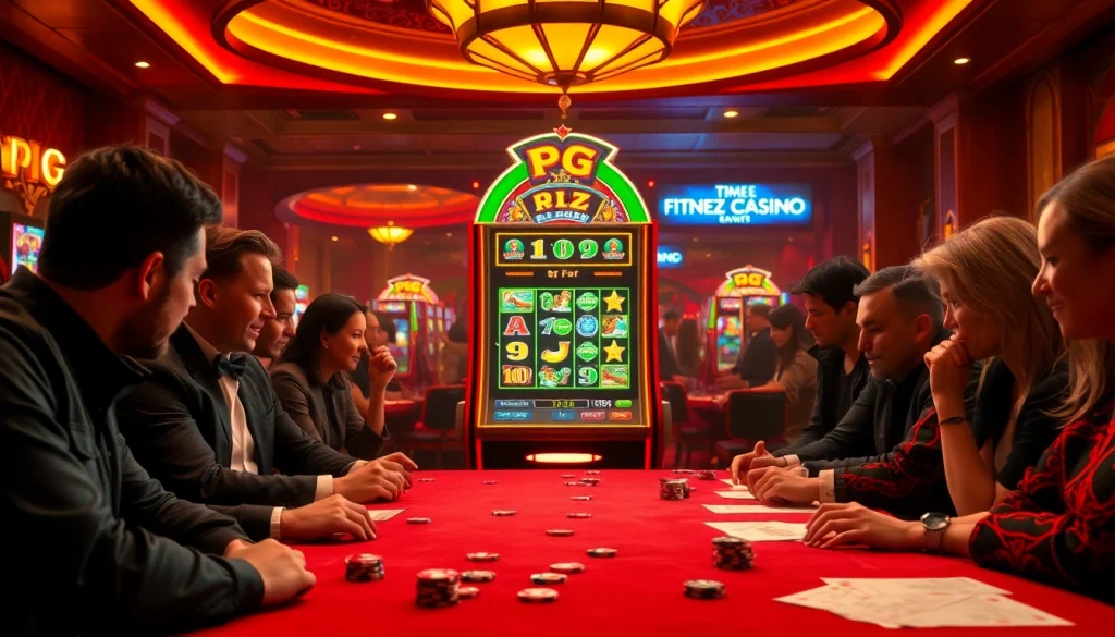 Players engaging with a pg slot machine in a vibrant casino atmosphere, showcasing excitement and strategy.