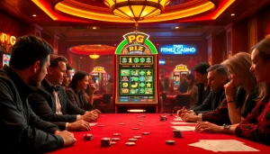 Players engaging with a pg slot machine in a vibrant casino atmosphere, showcasing excitement and strategy.