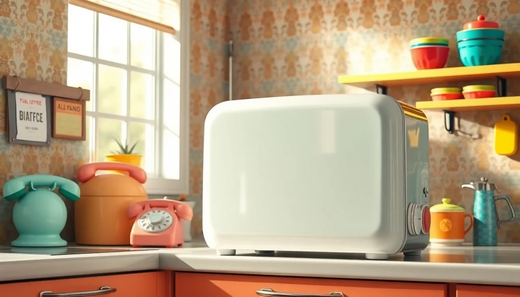 Showcase a Retro Appliance in a colorful, vintage kitchen environment.