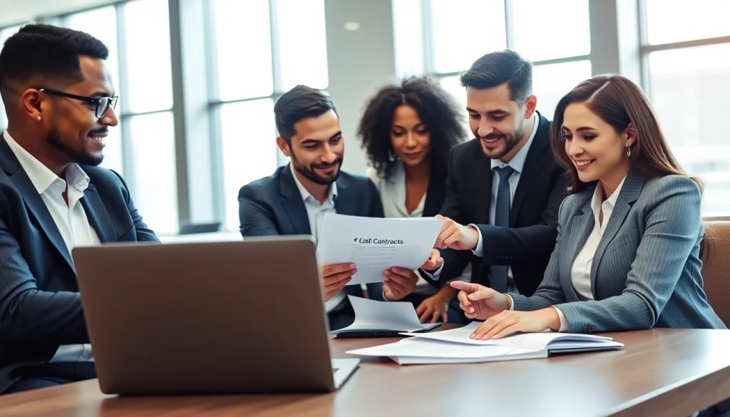 Team engaged in Contract Management discussions with digital tools in a modern office.