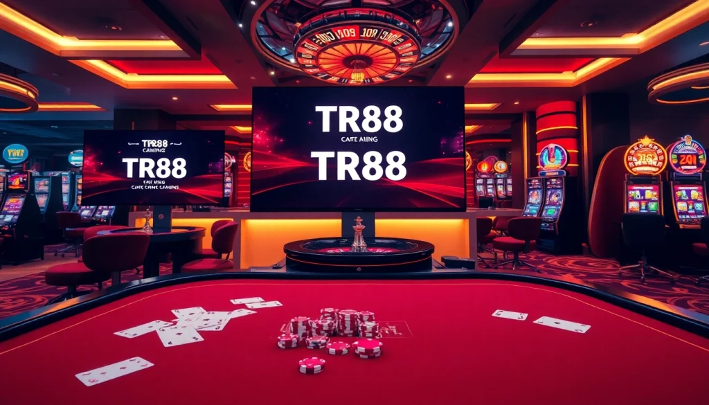 Experience TR88 online gaming with vibrant casino visuals, cards, and slot machines.