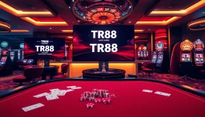Experience TR88 online gaming with vibrant casino visuals, cards, and slot machines.