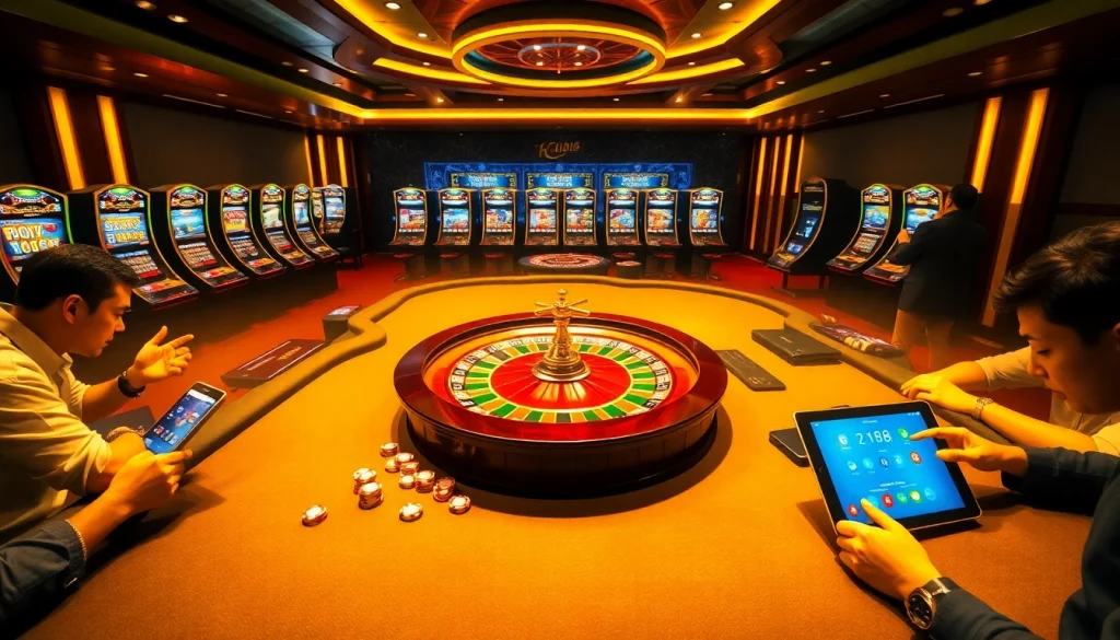 F168 players enjoying a thrilling casino experience with poker chips and a roulette wheel.