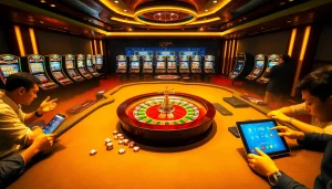 F168 players enjoying a thrilling casino experience with poker chips and a roulette wheel.