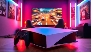 PS5 z nowoczesnym zestawem gamingowym w jasnym, eleganckim otoczeniu.