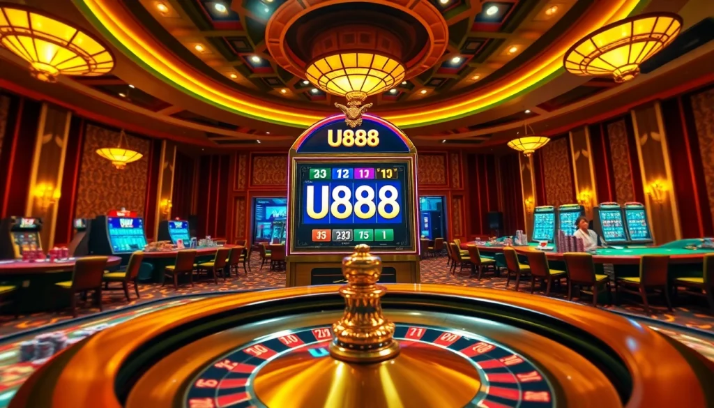 Experience excitement at U888's vibrant slot machine amidst a luxurious casino atmosphere.
