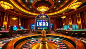 Experience excitement at U888's vibrant slot machine amidst a luxurious casino atmosphere.