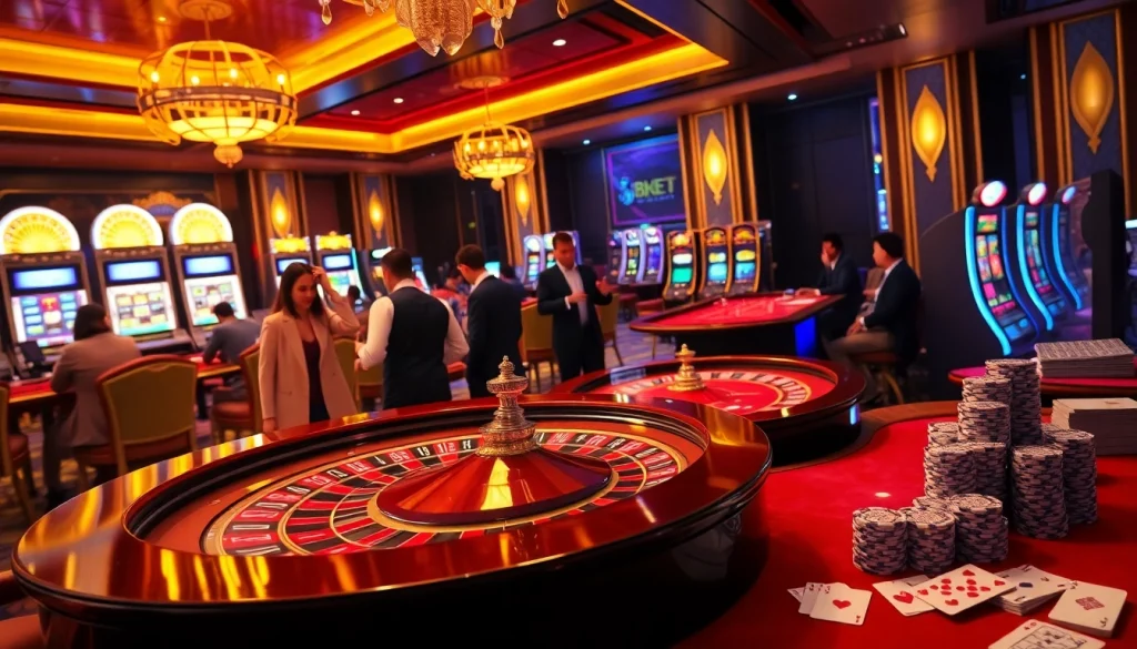 Experience the thrill of gambling at 8kbet with a luxurious casino scene featuring roulette and vibrant slot machines.