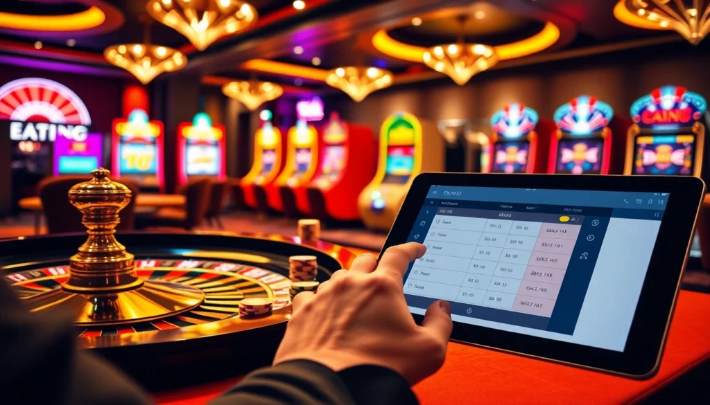 Casino en ligne offrant une expérience de poker excitante avec des jetons vibrants et une roue de roulette lumineuse.