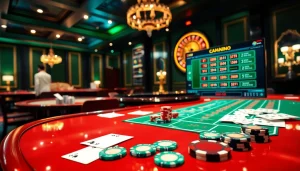 Scène captivante de casino en ligne France avec un gameplay excitant, une roue de roulette et des bulletins de paris.