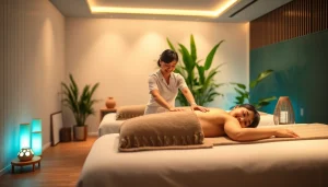 치료사가 스웨덴 마사지를 제공하는 평화로운 스파 분위기에서의 속초 마사지 경험.