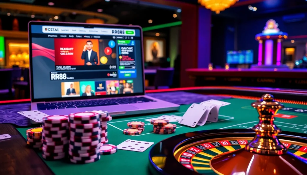Experience RR88's thrilling online gambling atmosphere with vibrant casino elements.