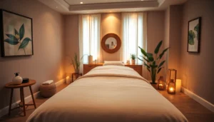 편안한 마사지 치료실, 푹신한 가구와 따뜻한 조명이 있는 마사지 서비스에 고객을 초대합니다.