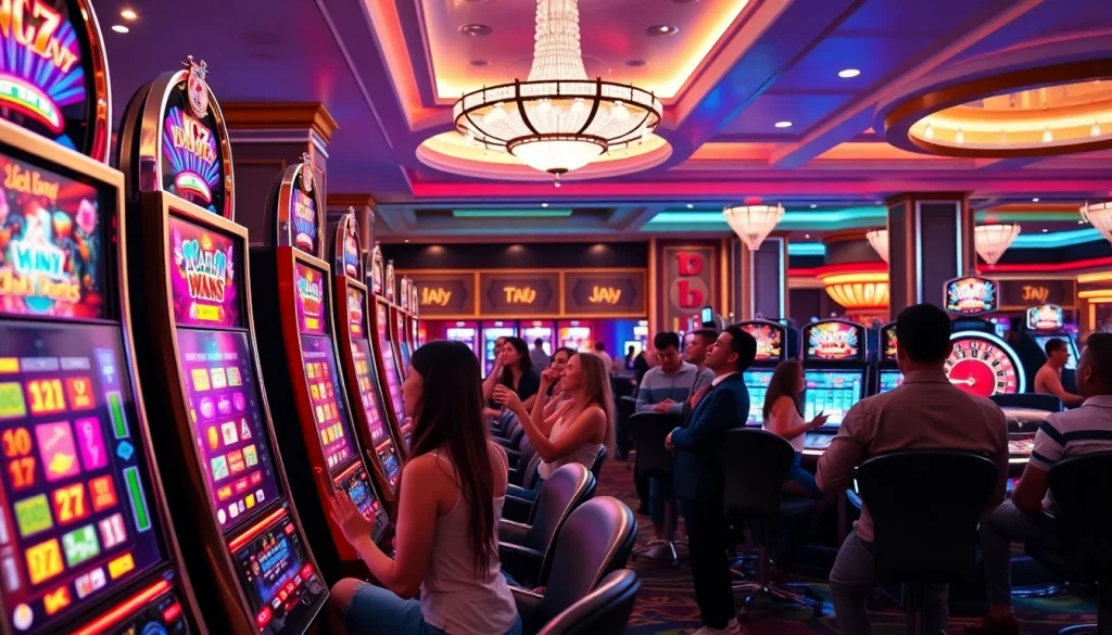 Players celebrating big wins at slot gacor machines in a luxurious casino setting.