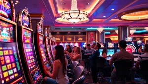 Players celebrating big wins at slot gacor machines in a luxurious casino setting.