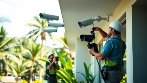 Técnicos de una empresa de seguridad instalando cámaras CCTV en Guanacaste, Costa Rica, para garantizar la seguridad de propiedades comerciales.