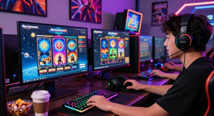 Enthusiastic player enjoying Spaceman online gaming with vibrant graphics and neon lights