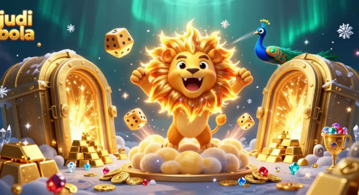 Engage in judi bola excitement with a golden lion, dazzling gems, and stellar dice artfully illustrated.