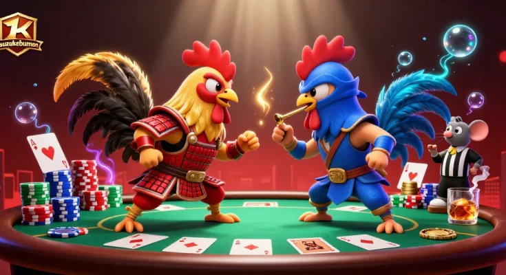 Experience the thrill of gambling with isuzukebumen's dynamic rooster showdown at a vibrant poker table.