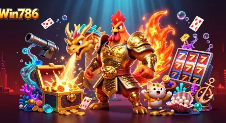 Win786 platform features powerful characters and rich casino elements in a vibrant 3D illustration, showcasing excitement.